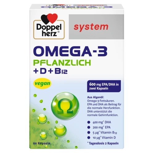 Abbildung der Produktverpackung Doppelherz system OMEGA-3 PFLANZLICH ALGENÖL Frontansicht